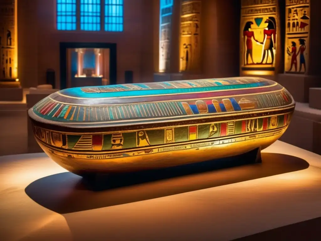 Un sarcófago egipcio bellamente preservado, con jeroglíficos intrincados y colores vibrantes