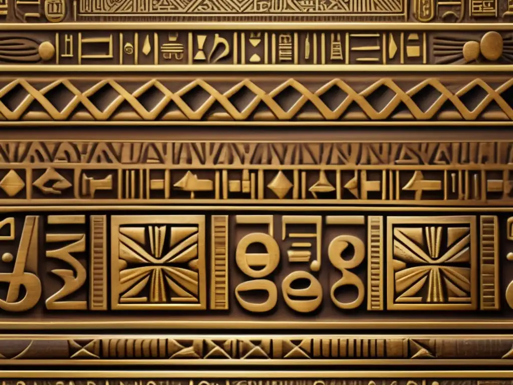 Un sarcófago egipcio bellamente preservado, con símbolos matemáticos y patrones geométricos, tallado en madera oscura y adornado con detalles dorados