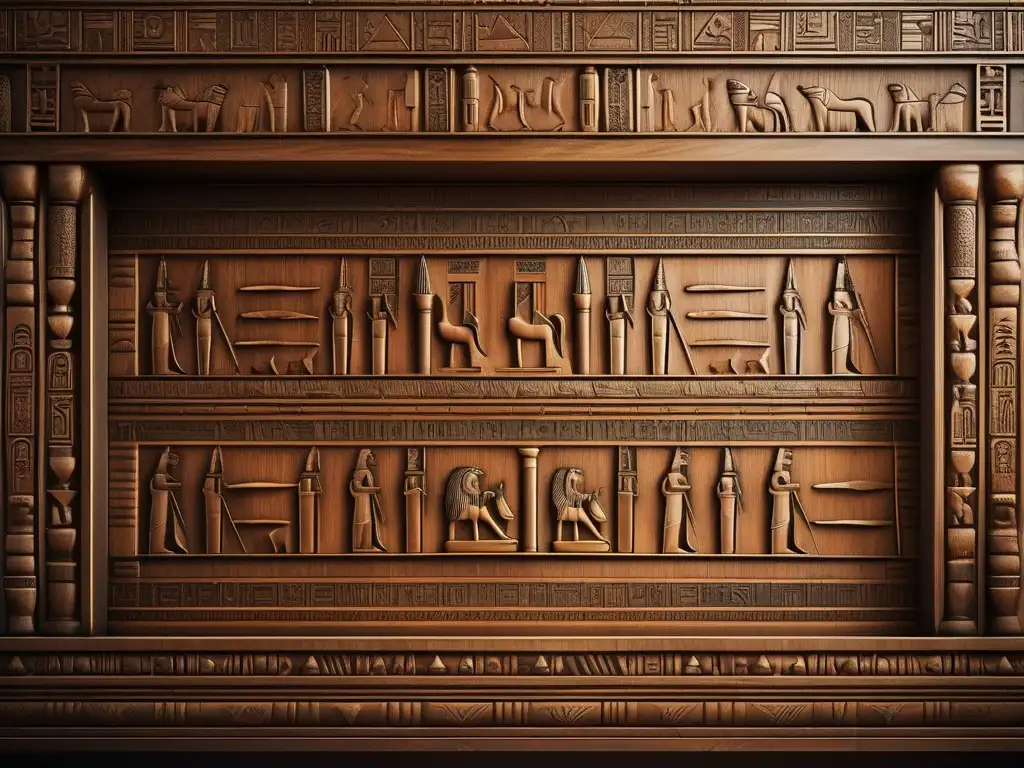 Un sarcófago de madera egipcio preservado bellamente, adornado con intrincadas tallas y jeroglíficos, destaca en el centro de la imagen