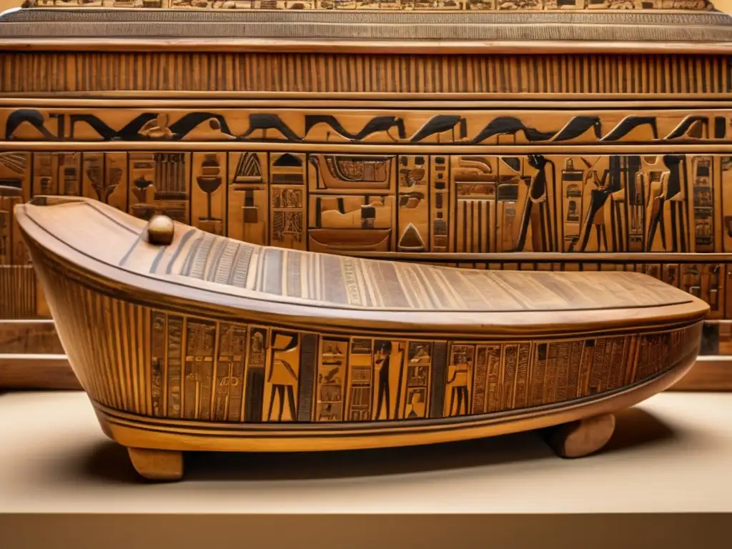Un sarcófago de madera preservado en Egipto Antiguo, muestra detalles intrincados y artísticos que resistieron el paso del tiempo