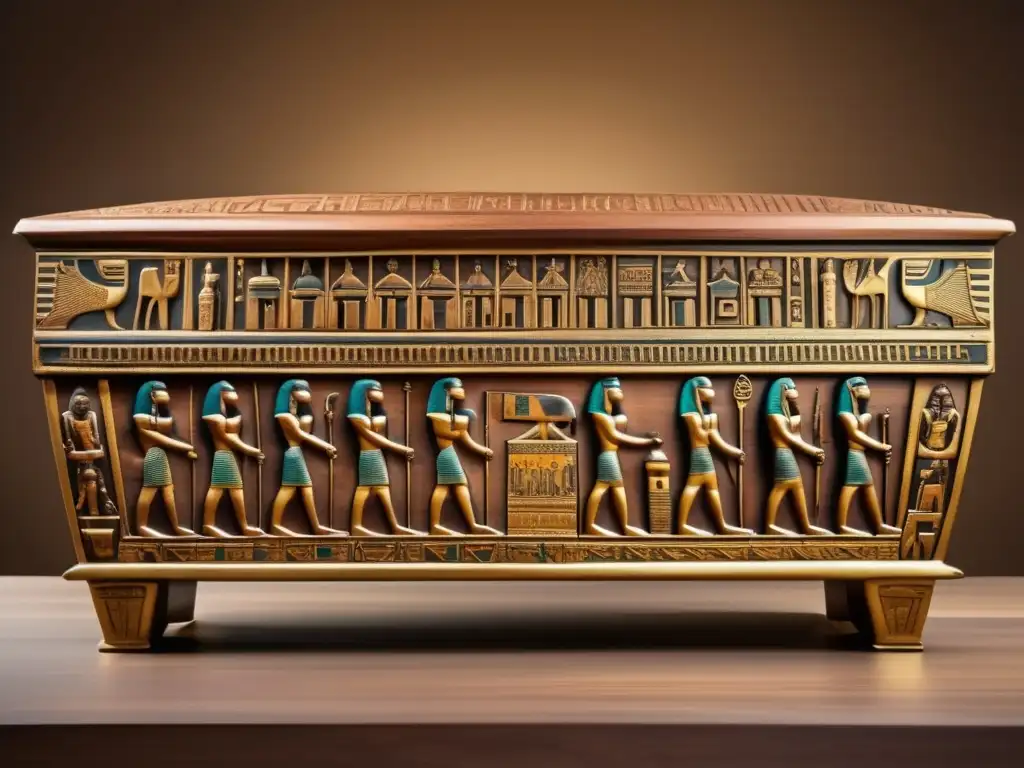 Un sarcófago de madera tallado con detalle, con jeroglíficos e imágenes de la mitología egipcia