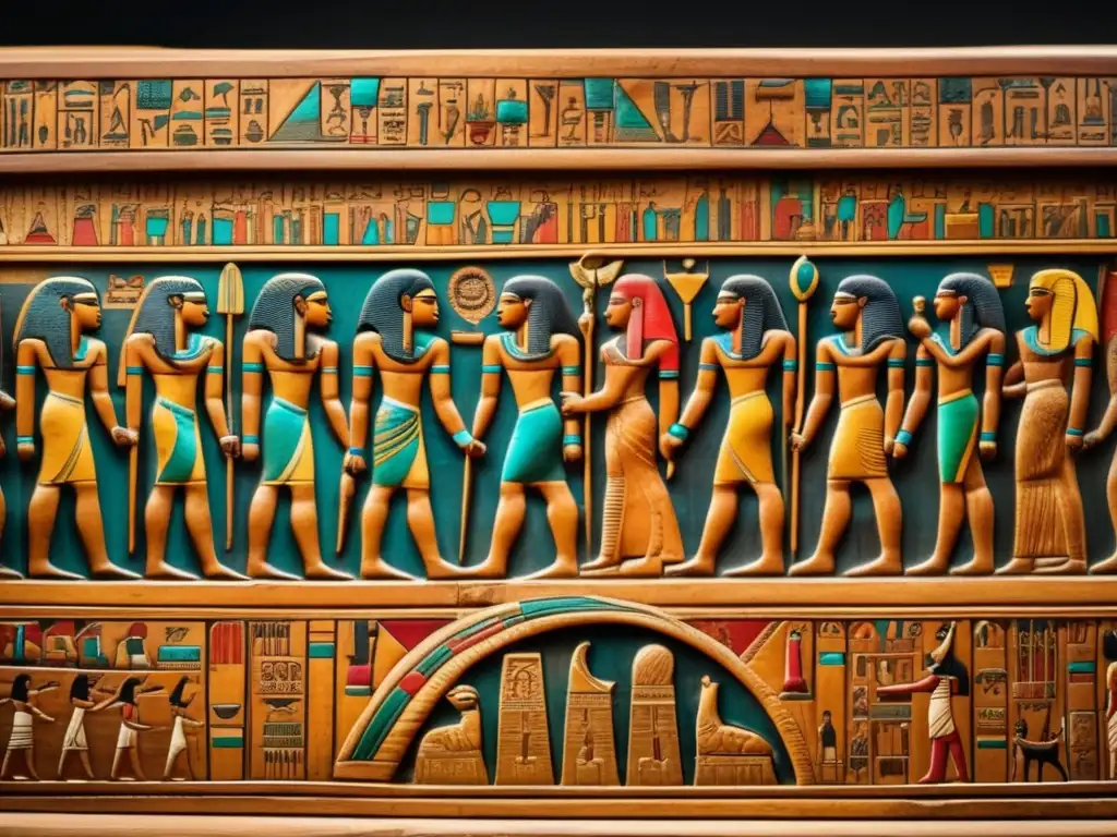 Un sarcófago de madera tallado con detalle, adornado con colores vibrantes e inscripciones jeroglíficas