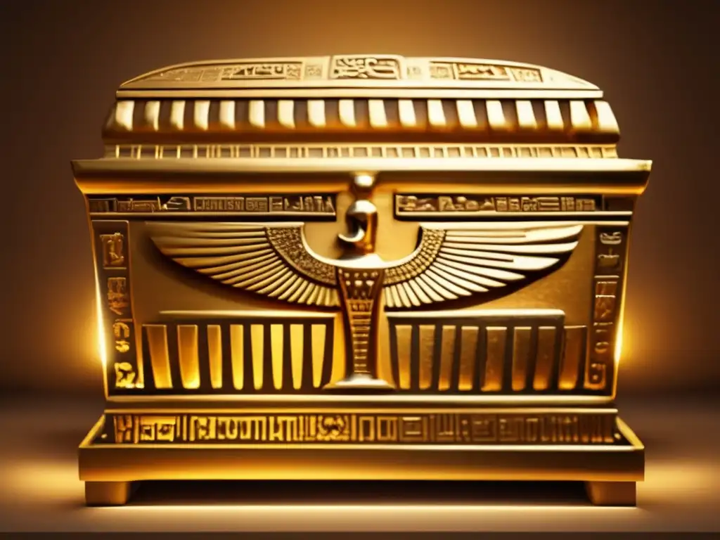 Un sarcófago de oro antiguo y detallado, con jeroglíficos que representan el simbolismo del oro en Egipto