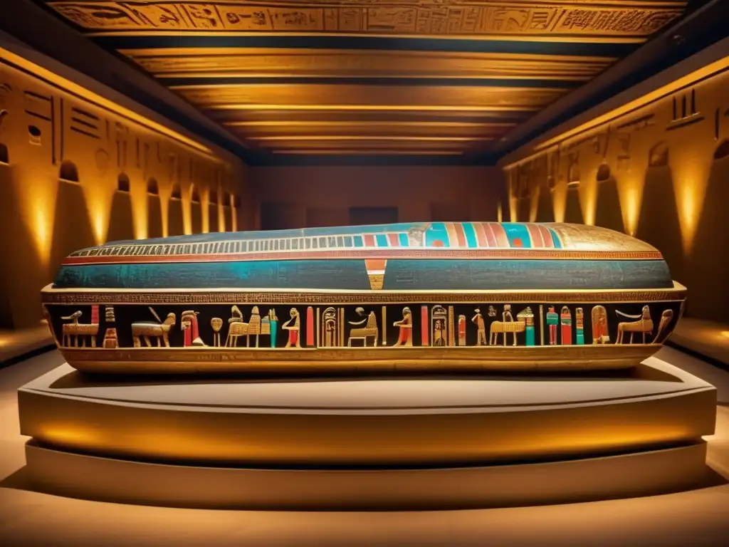 Sarcófago egipcio antiguo: un tesoro detallado y vibrante en un museo Un sarcófago exquisitamente preservado del antiguo Egipto, con jeroglíficos intrincados y colores vibrantes