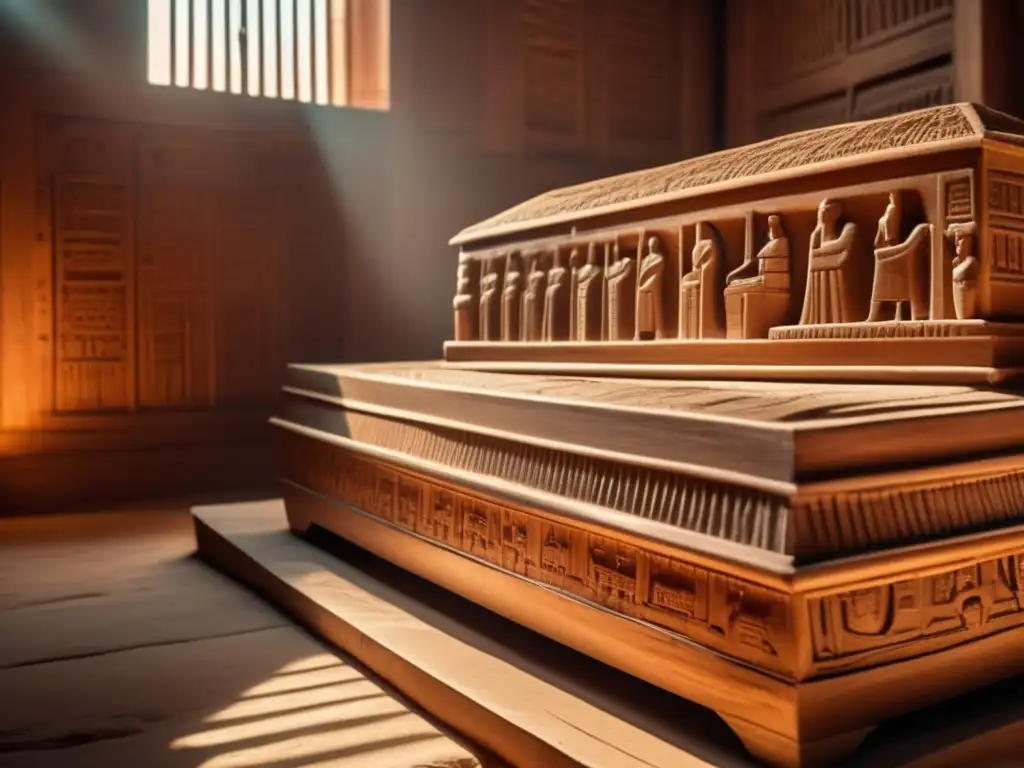 Preservación de sarcófagos de madera en Egipto: Una sala iluminada débilmente exhibe filas de sarcófagos de madera tallados con intrincados detalles