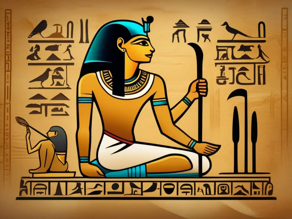 Un scribe egipcio antiguo decodifica hieroglíficos en un entorno misterioso, evocando la historia y la belleza de Egipto