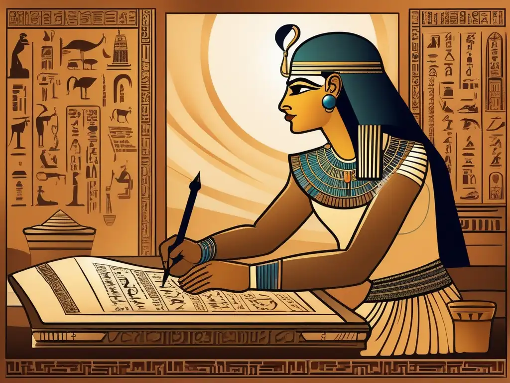 Un scribe egipcio antiguo, iluminado por la cálida luz del sol, meticulosamente talla jeroglíficos en una tableta de piedra