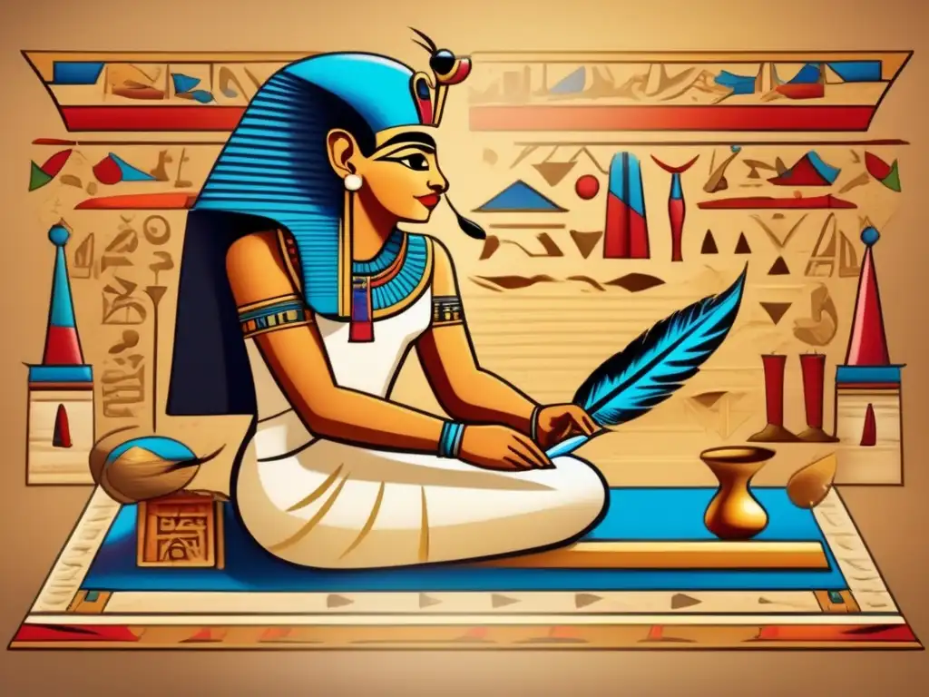Un scribe egipcio antiguo crea meticulosamente intrincadas jeroglíficas en un pergamino