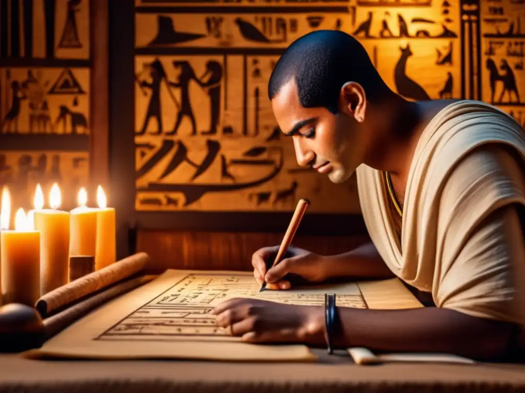 Un scribe egipcio antiguo, meticuloso, inscribe jeroglíficos en un papiro en una habitación con velas