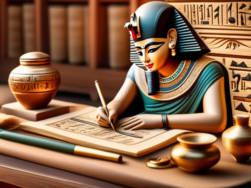 Un scribe egipcio antiguo, rodeado de rollos de papiro y herramientas de escritura, crea con maestría símbolos jeroglíficos en manuscritos del Antiguo Egipto, destacando la caligrafía y precisión