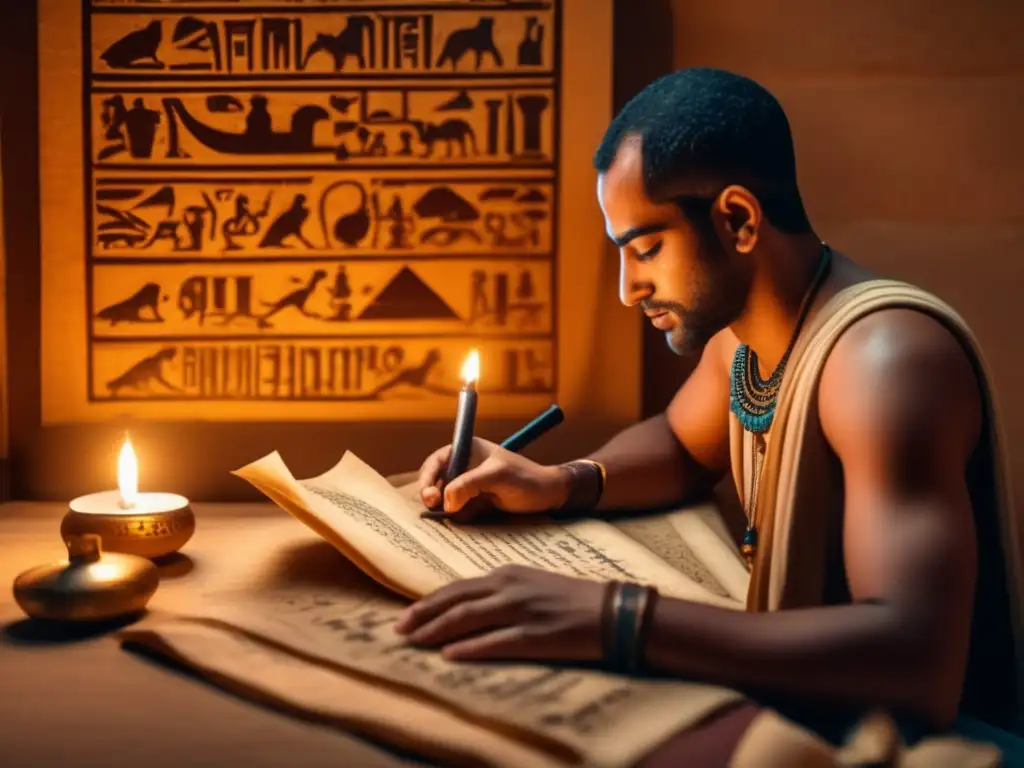 Un scribe egipcio trabaja diligentemente en escrituras utilitarias en una habitación con luz tenue