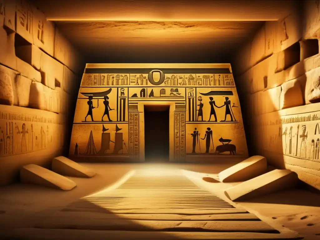 Explorando los secretos de Egipto en una antigua tumba egipcia, con paredes de piedra desgastadas y jeroglíficos intrincados