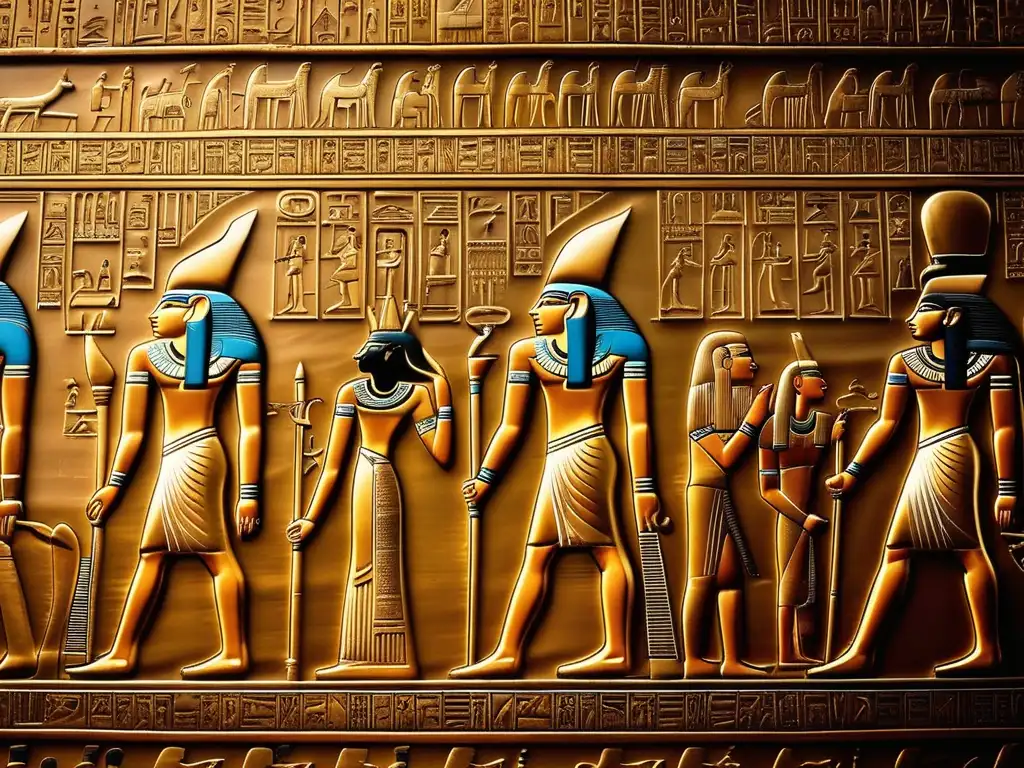 Descubre los secretos del Antiguo Egipto al descifrar los jeroglíficos en un muro de templo bañado en cálida luz dorada