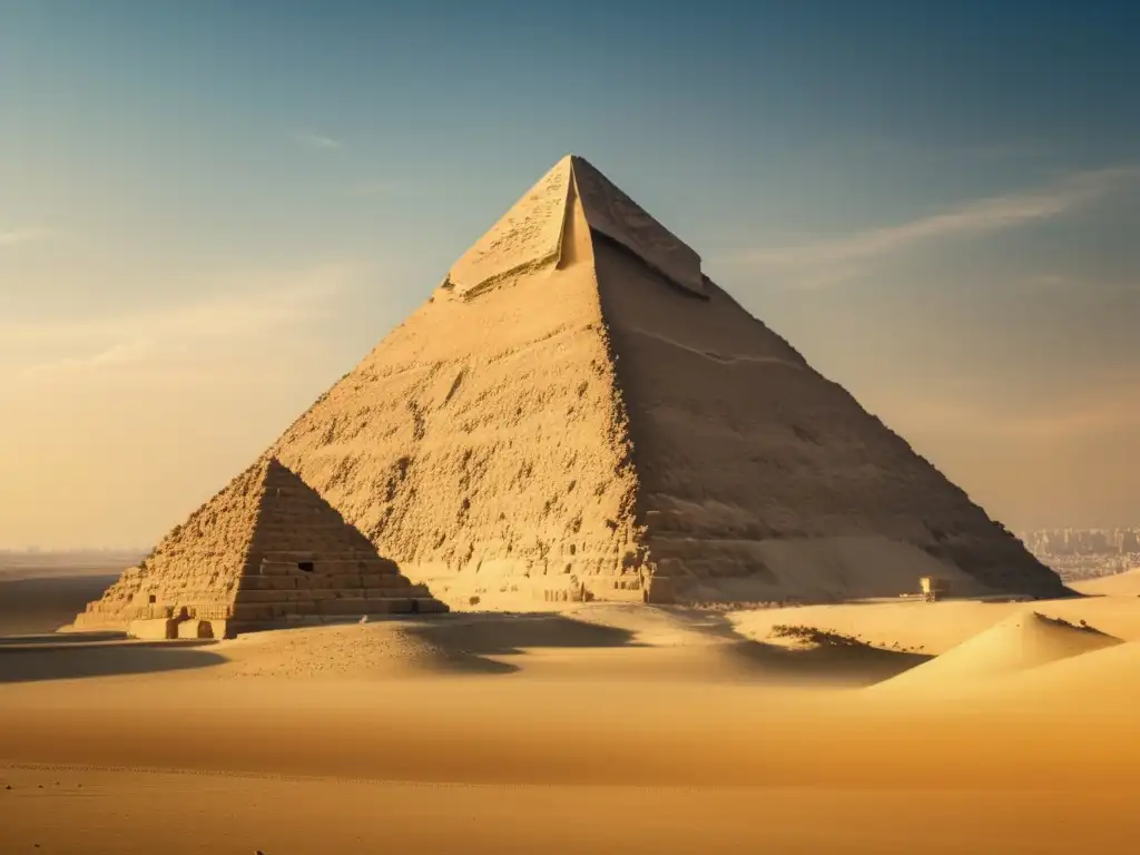 Los secretos ocultos de las pirámides de Egipto: Una fotografía vintage de la Gran Pirámide de Giza, imponente contra un cielo azul claro