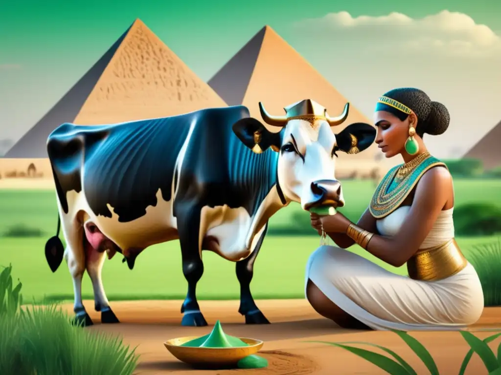 Una serena mujer egipcia ordeña una vaca en un exuberante campo verde, frente a las icónicas pirámides