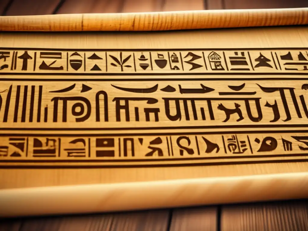 Descubre el significado esotérico de los números en la escritura egipcia, en un antiguo papiro desplegado sobre una mesa de madera
