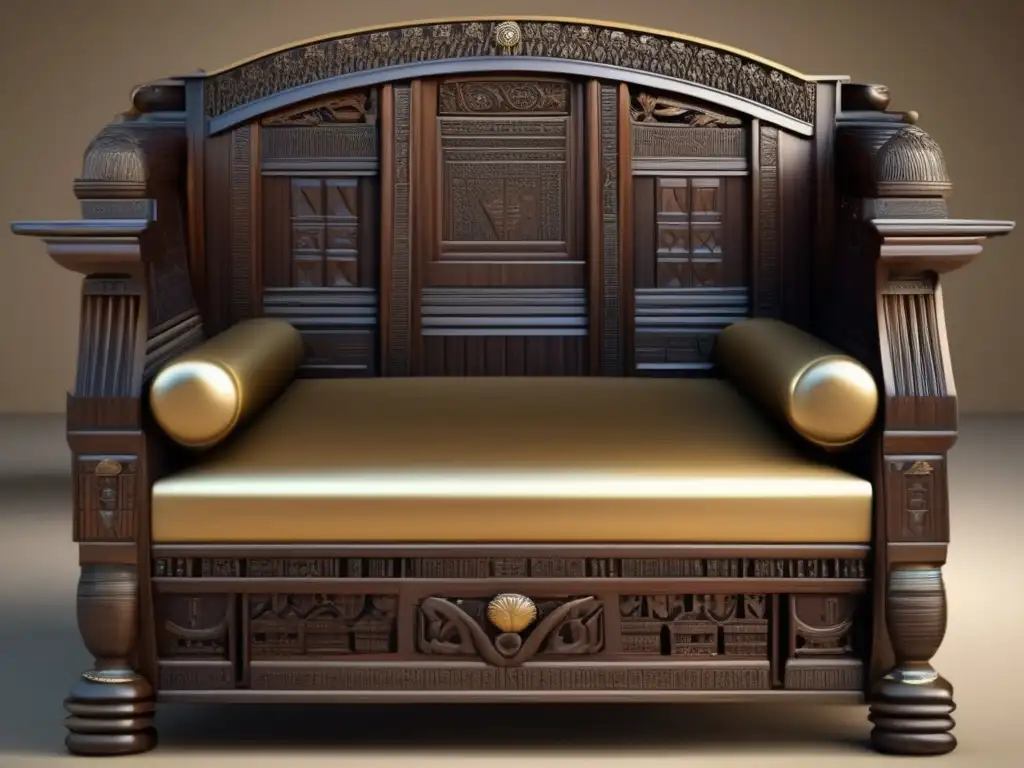 Una silla antigua de diseño egipcio, tallada con detalle y elegancia en madera oscura adornada con jeroglíficos
