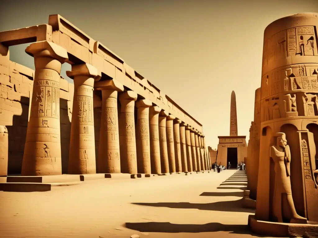 Simbolismo y función de columnas egipcias: Una imagen vintage en alta resolución muestra el icónico Templo de Karnak en Luxor, Egipto