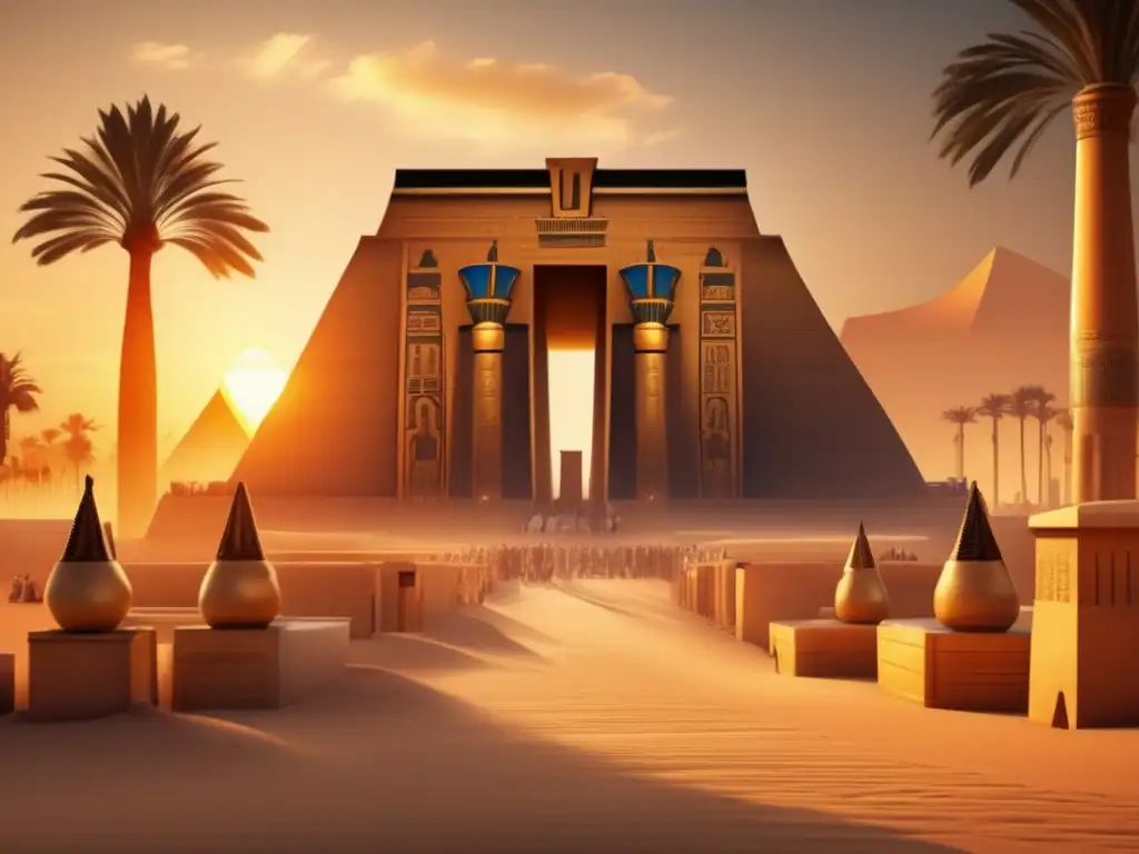Simbolismo del oro en Egipto: Imagen detallada de un templo egipcio al atardecer, decorado con intrincados grabados y jeroglíficos