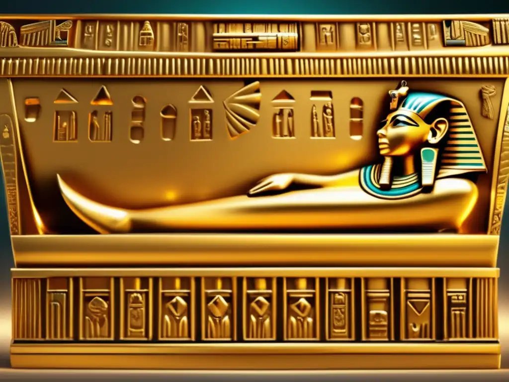 Simbolismo del oro en Egipto: La imagen muestra un sarcófago de oro bellamente elaborado que pertenece a un antiguo faraón egipcio