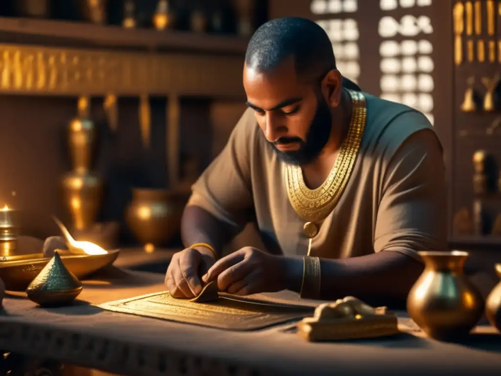 El simbolismo del oro en Egipto cobra vida en esta detallada imagen de un antiguo orfebre egipcio trabajando en su taller