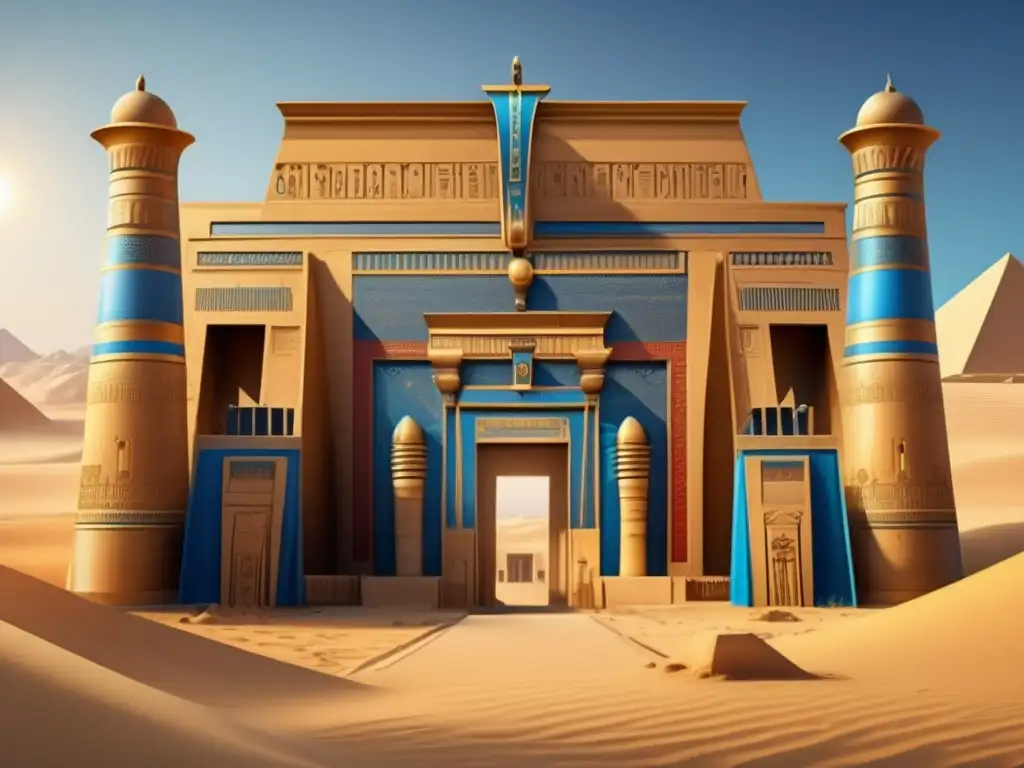 Simbolismo arquitectura palaciega antiguo Egipto: Un majestuoso palacio egipcio se alza en medio de las doradas arenas del desierto
