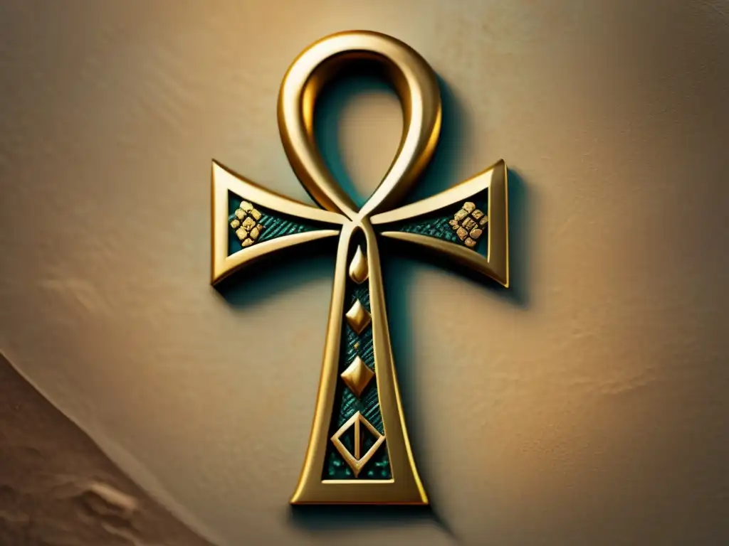Un símbolo dorado del Ankh, clave de la vida y el Nilo, evocando la historia y la importancia cultural de los símbolos egipcios en marcas actuales