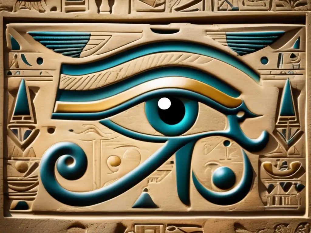 Símbolo egipcio del Ojo de Horus, tallado en una antigua tableta de piedra desgastada