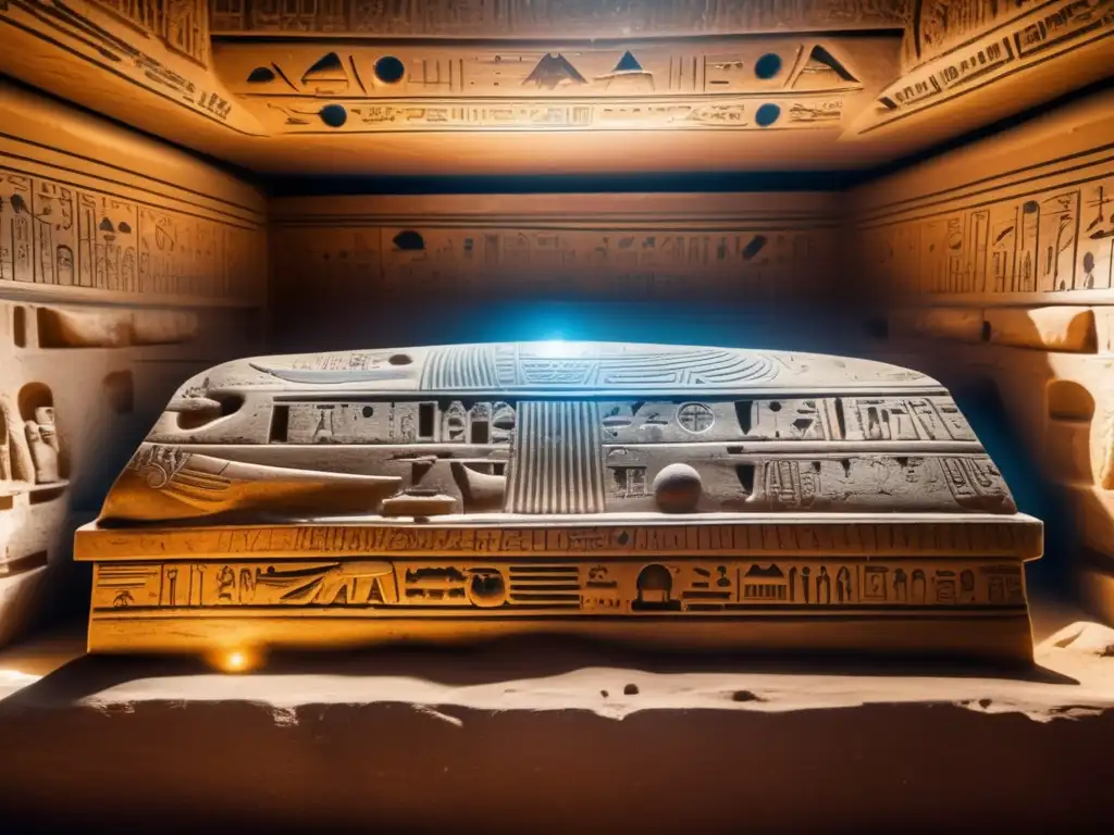 Símbolos astronómicos en antigua tumba egipcia: misterio y tiempo en paredes cubiertas de jeroglíficos desgastados y carvings celestiales