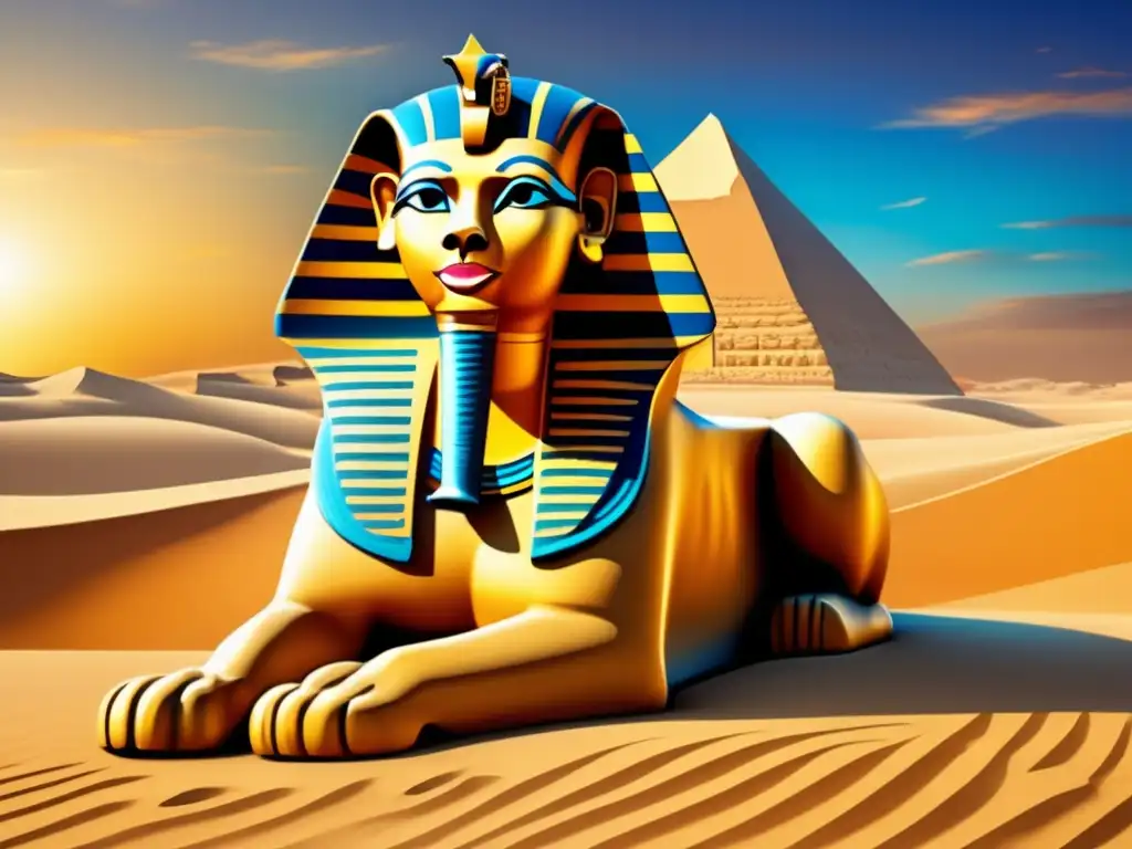 Símbolos egipcios en marcas actuales: La majestuosa esfinge se yergue en un mural antiguo, rodeada de dunas doradas y un cielo azul vibrante