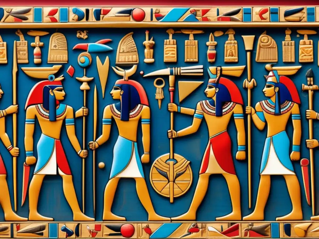 Símbolos de guerra en jeroglíficos egipcios: Detallada imagen de un panel antiguo con carvings de armas, formaciones militares y escenas de batalla, vibrantes en color y preservados en un fondo envejecido