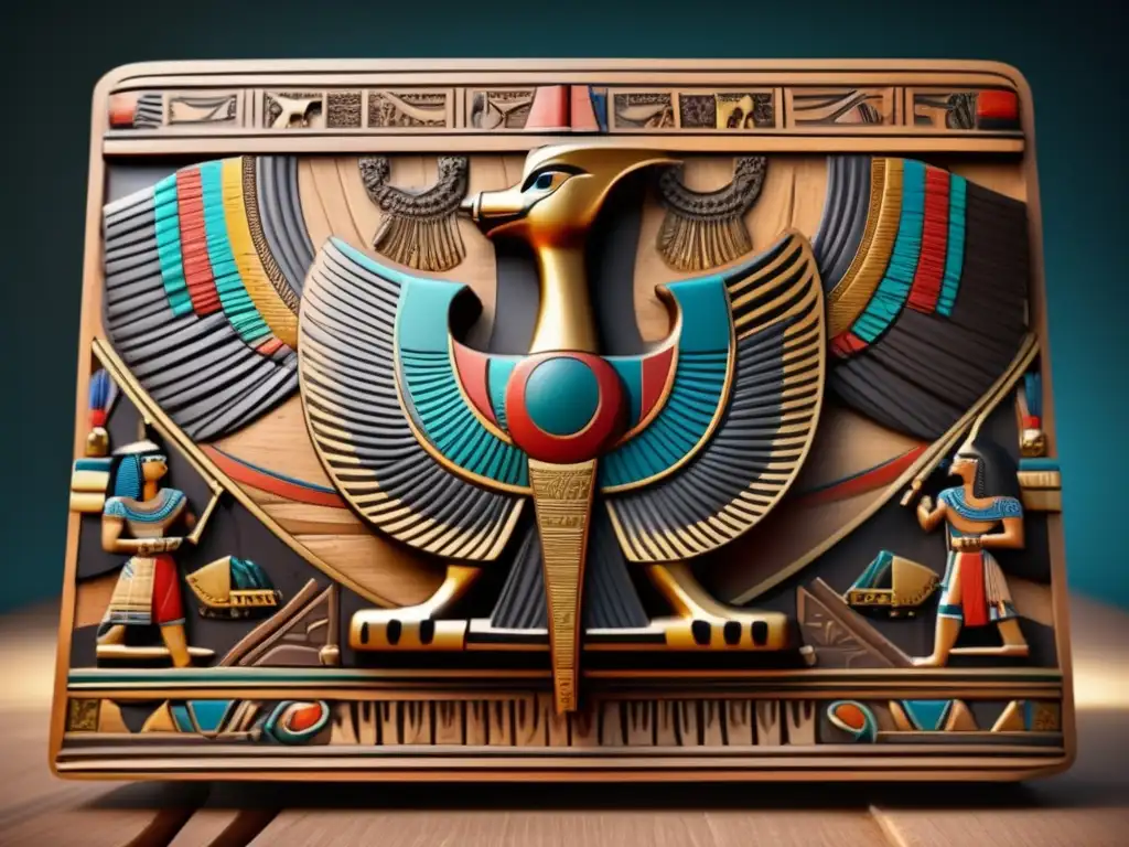 Símbolos de guerra en jeroglíficos egipcios: Un escudo antiguo de madera adornado con carvings intrincados y colores vibrantes