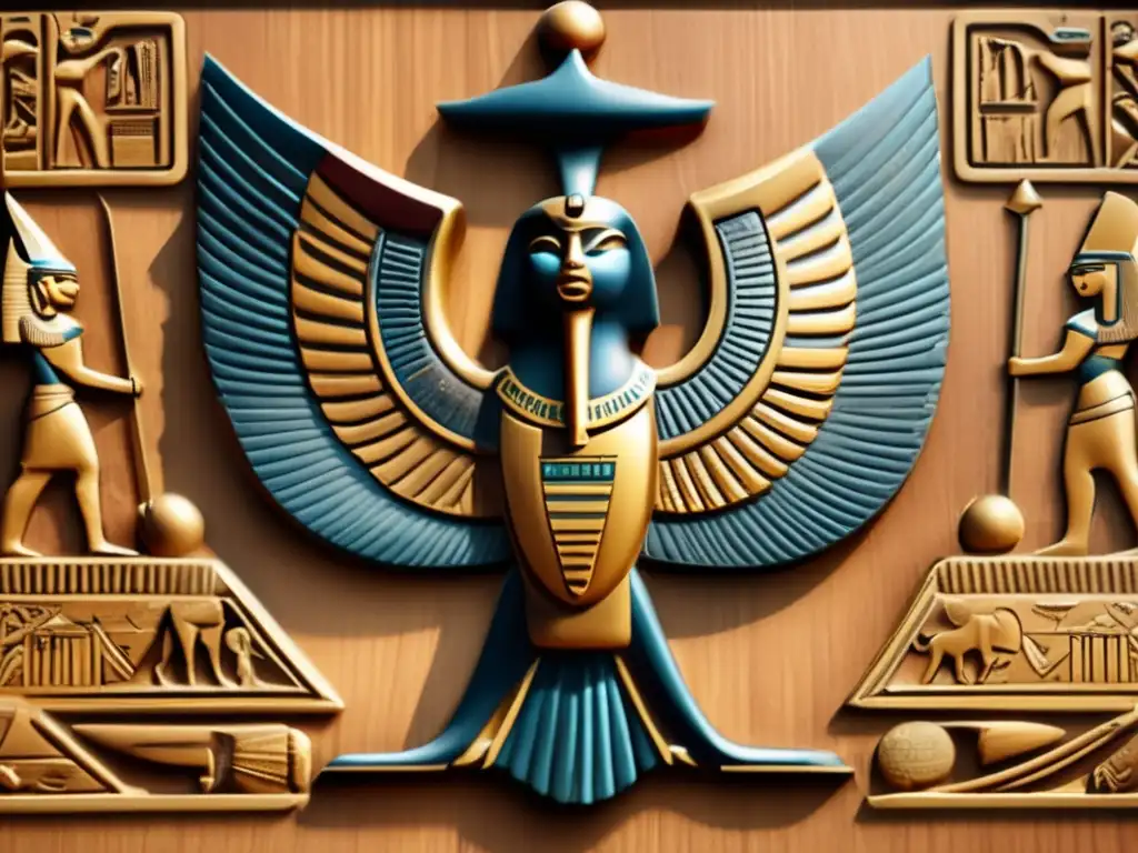 Símbolos de guerra en jeroglíficos egipcios: un escudo de madera delicadamente tallado y adornado con jeroglíficos que representan la fuerza y la jerarquía militar del antiguo ejército egipcio