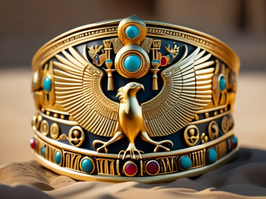 Símbolos de poder en Egipto: Una corona dorada con detalles intrincados, adornada con plumas de halcón, cabezas de cobra y un disco solar