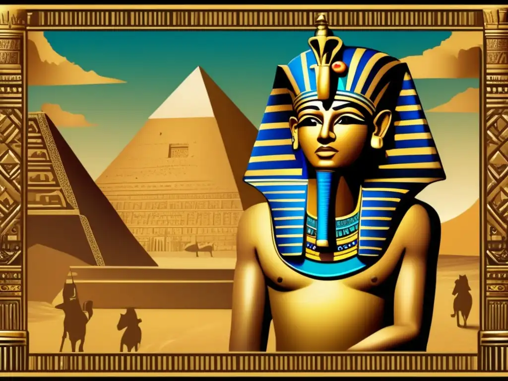 Símbolos de poder en Egipto: Un majestuoso faraón con tocado y corona regia, frente a pirámides, evocando la grandiosidad de la civilización antigua