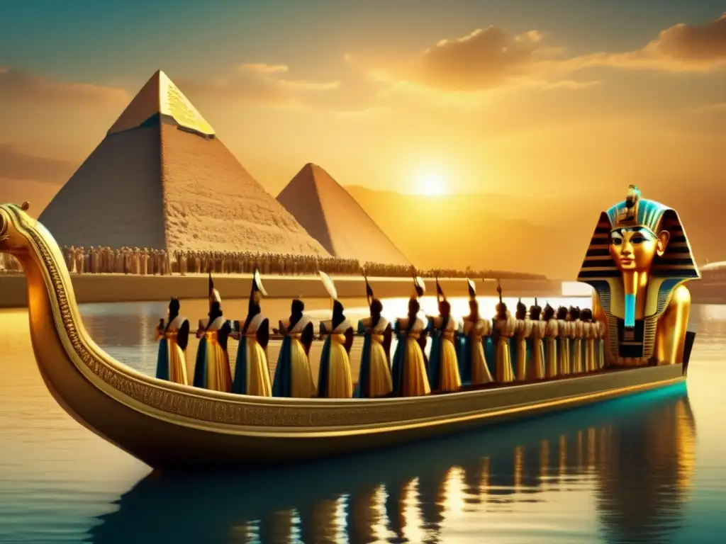 Símbolos y rituales de legitimación faraónica: Una procesión grandiosa de faraones en una barca dorada, rodeados de esplendor regio
