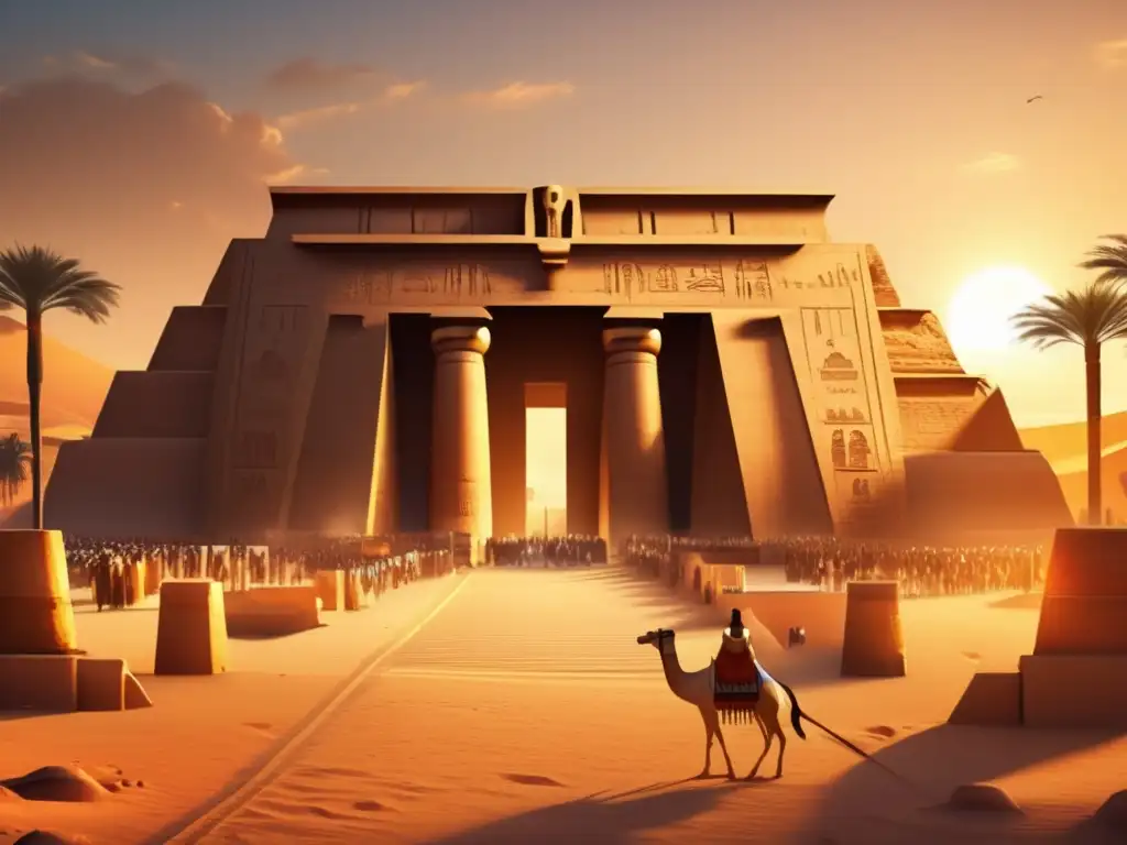 Símbolos y rituales de legitimación faraónica en un templo egipcio antiguo, bañado por la cálida luz del atardecer