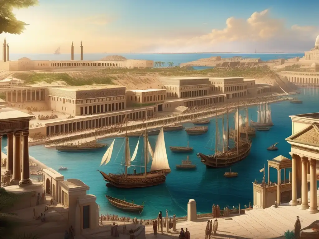 Sincretismo religioso en Egipto: Una ilustración detallada de la antigua ciudad de Alejandría durante el periodo helenístico