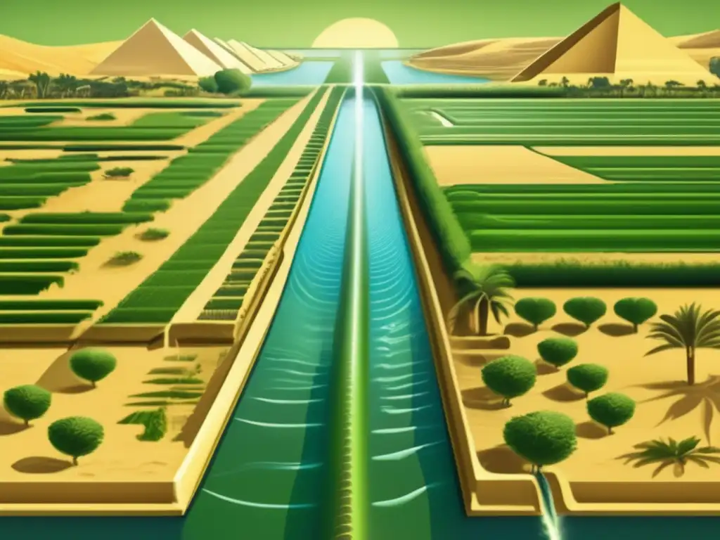 Sistemas de irrigación en Egipto: Antigua imagen en estilo vintage de canales y campos verdes gracias al ingenio hidráulico egipcio