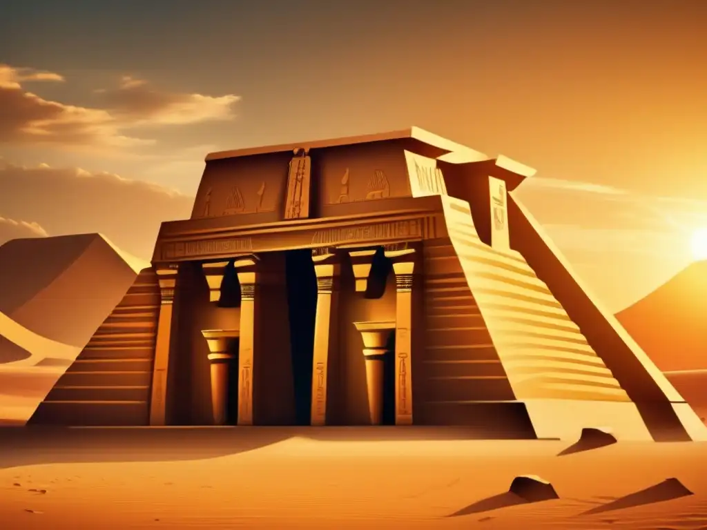 El sol se pone sobre un antiguo templo egipcio, bañándolo en una cálida luz dorada