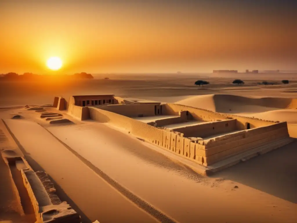 El sol se pone detrás de las ruinas de la antigua ciudad de Amarna, en Egipto