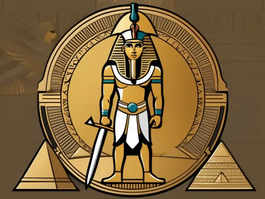 Un soldado egipcio antiguo con casco dorado y escudo decorado con jeroglíficos, protección y victoria