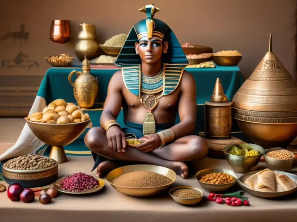 Un soldado egipcio antiguo se sienta en el suelo, rodeado de comida
