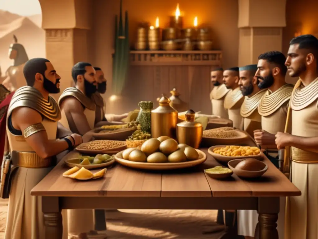Soldados egipcios disfrutan de una abundante comida en una mesa de madera, rodeados de detalles históricos