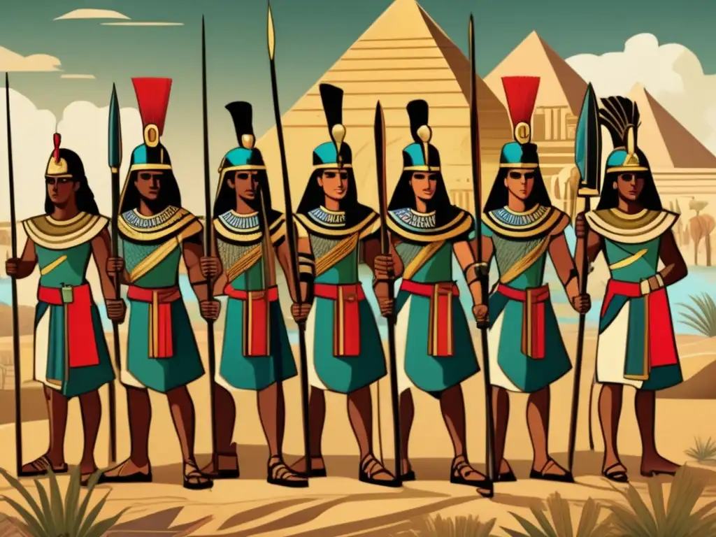 Soldados egipcios en formación, vestidos con detalles y colores vibrantes