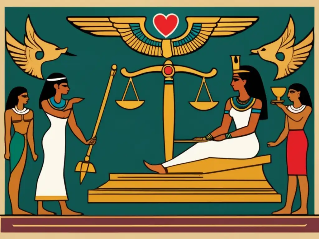 En la solemne Ceremonia del Pesaje del Corazón en Egipto, una sala misteriosa se ilumina con antorchas, mientras deidades antiguas observan una balanza dorada adornada con jeroglíficos