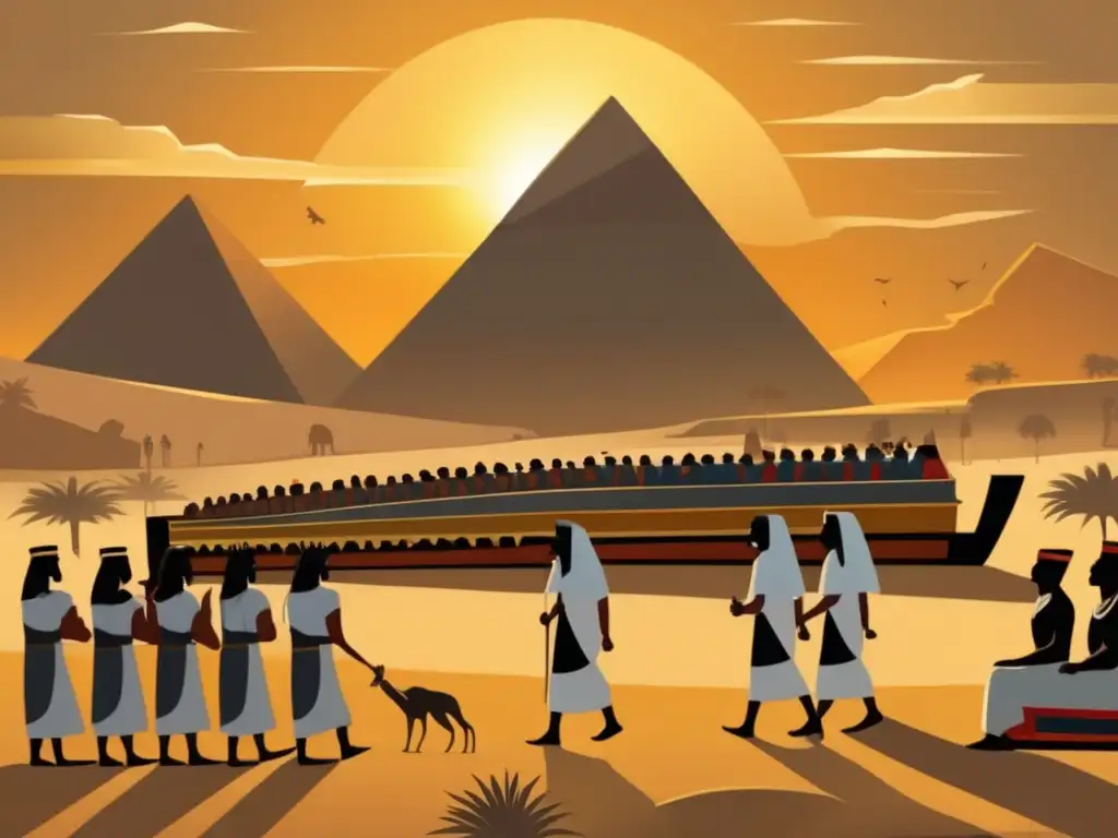Una procesión solemne de ritos funerarios en el Antiguo Egipto, con los majestuosos pirámides al fondo y el sol dorado que ilumina la escena