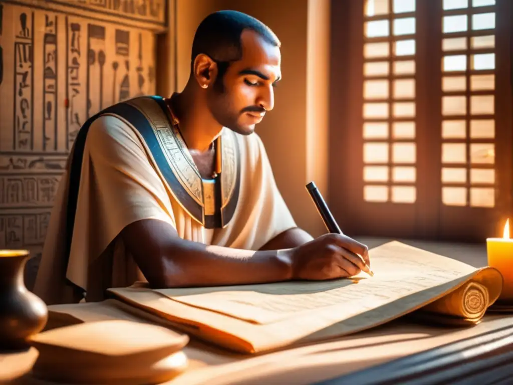 Evolución de los soportes de escritura en Egipto: Un antiguo escriba egipcio se sienta en un escritorio de madera rodeado de instrumentos y pergaminos