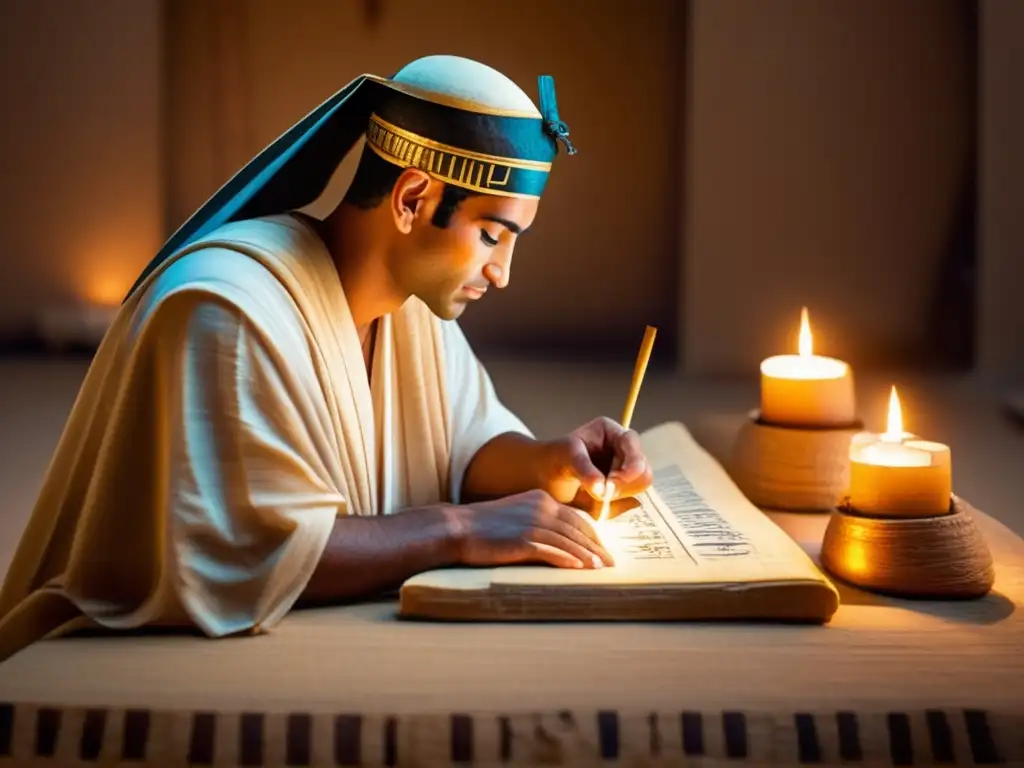 Evolución de los soportes de escritura en Egipto: Un antiguo escriba egipcio se inclina sobre una mesa de madera cubierta de rollos de papiro