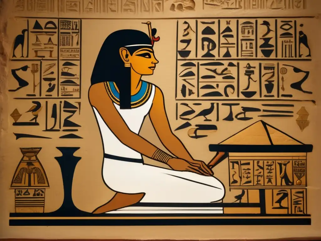 Evolución soportes escritura Egipto: Imagen detallada de un antiguo escriba egipcio inscribiendo jeroglíficos en una ostraca, rodeado de pergamino amarillento y tablillas de arcilla en una habitación con luz tenue y ambiente auténtico